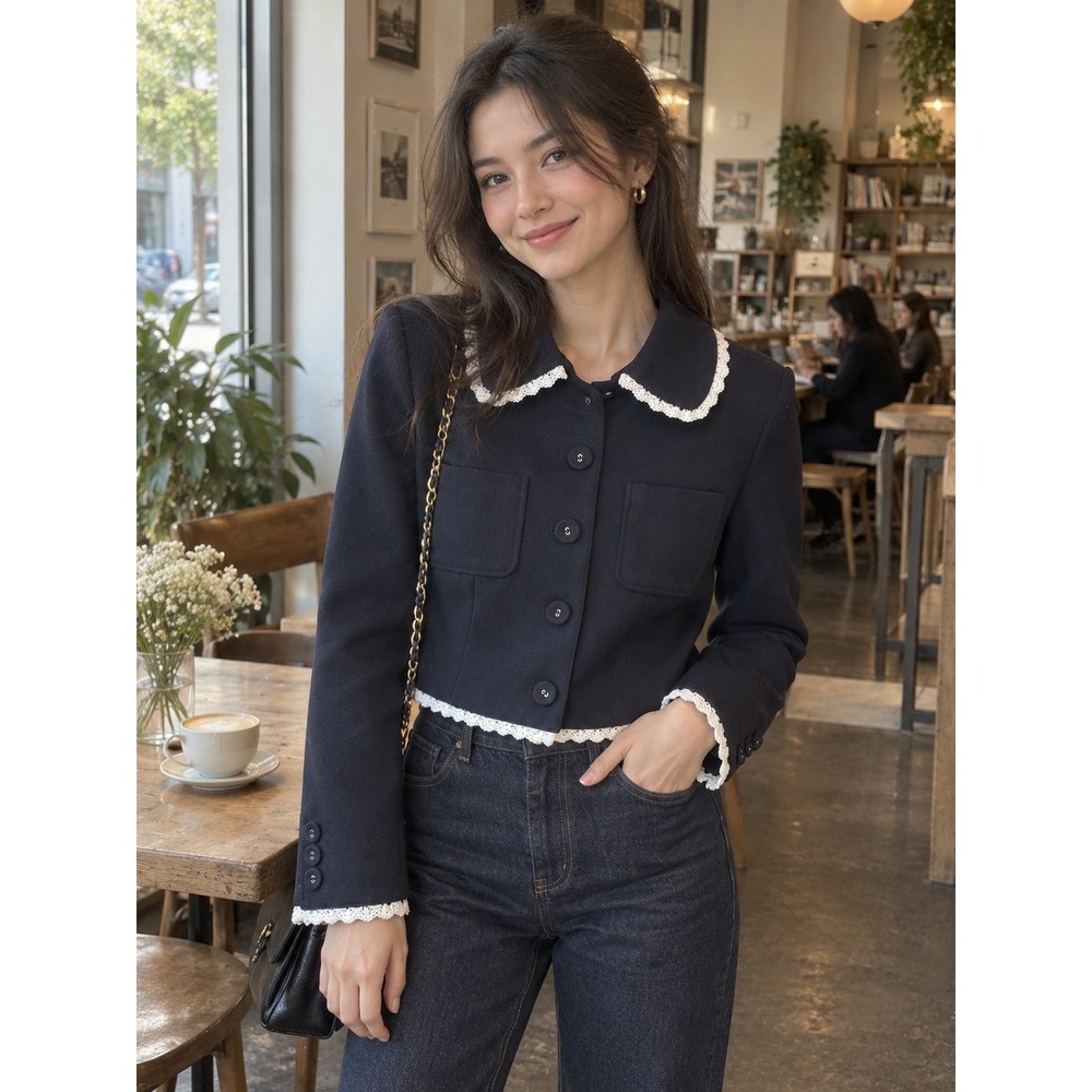 Kimchi Blue Navy Cropped Blazer Jacket Lace Trim Peter Pan Collar Small